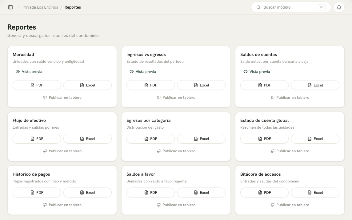 Centro de reportes de Kivo7: morosidad, estado de resultados, flujo de efectivo y más, exportables a PDF y Excel.