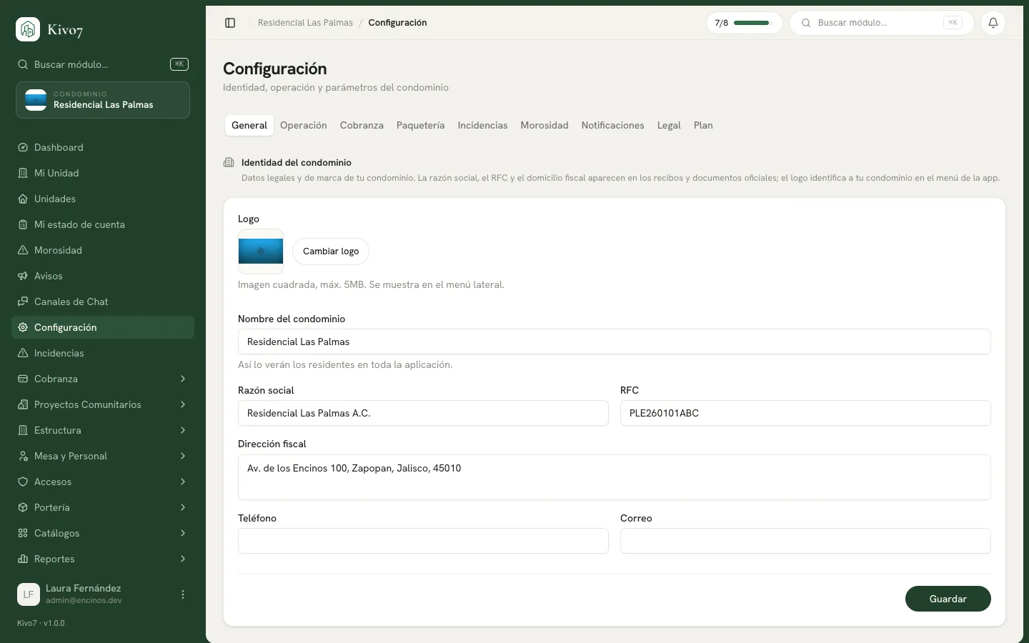Pestaña General de la Configuración de Kivo7, con los campos de nombre del condominio, razón social, RFC, dirección fiscal, teléfono y correo.