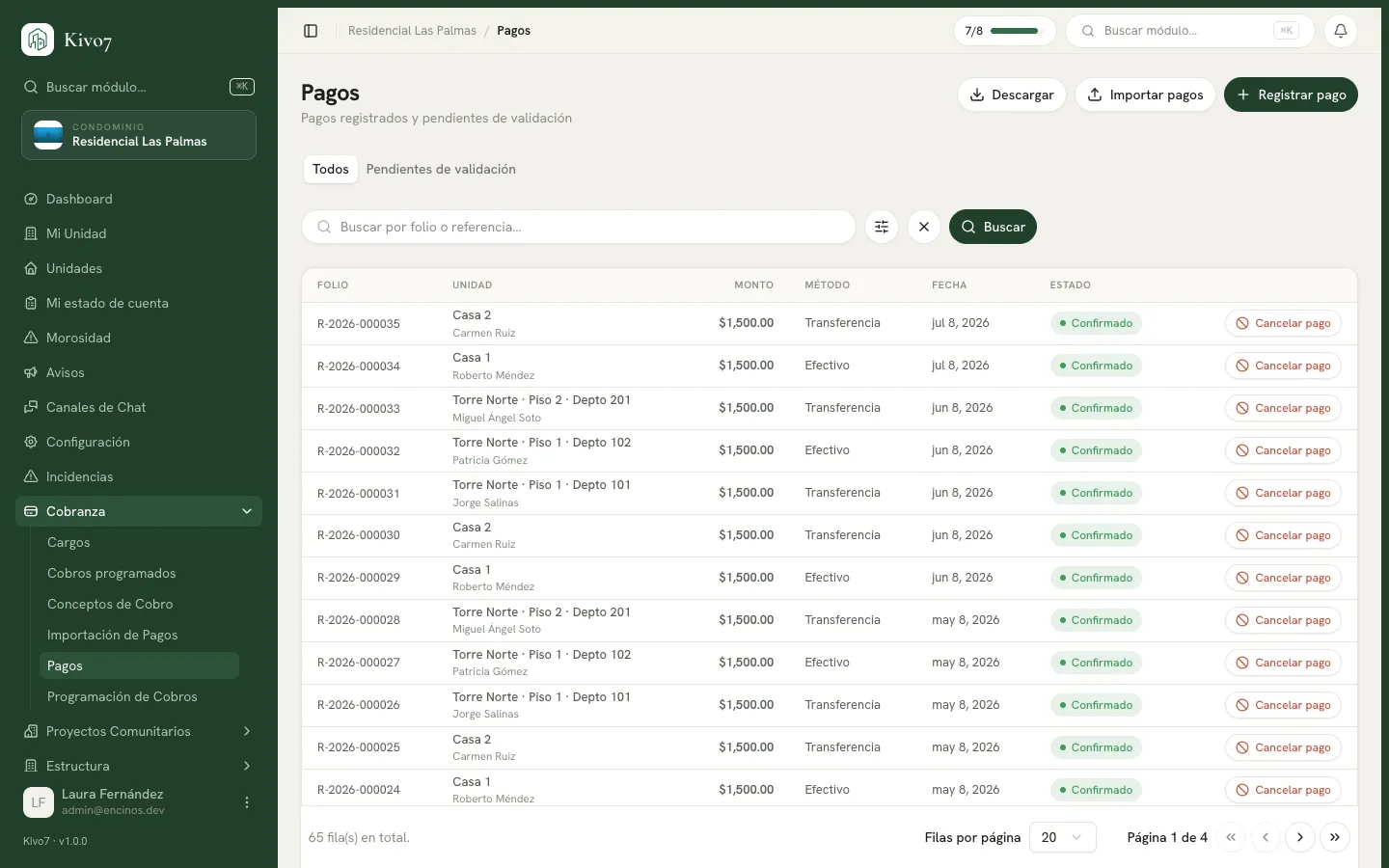 Pantalla de Pagos de Kivo7 con la tabla de pagos registrados: folio, unidad, monto, método, fecha y estado. Arriba, las pestañas «Todos» y «Pendientes de validación» y los botones Descargar, Importar pagos y Registrar pago.