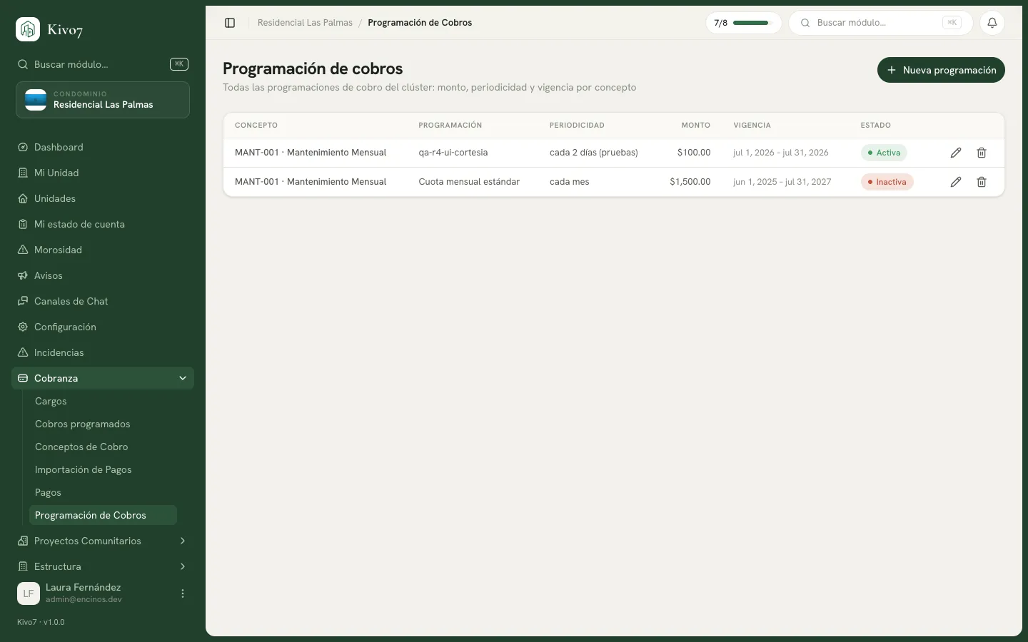 Pantalla de Programación de cobros de Kivo7, con las reglas de cobro por concepto: periodicidad, monto, vigencia y estado.